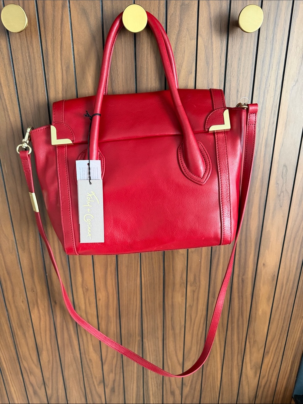 Foley + Corinna Red Leather Tote with Gold Corner Hardware